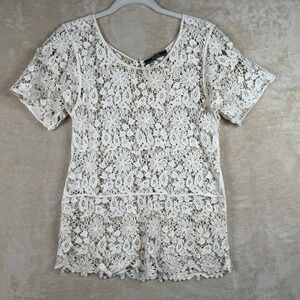Dulcie‎ Cream Floral Crochet Lace Short Sleeve Button Back Top Ivory Boho Small